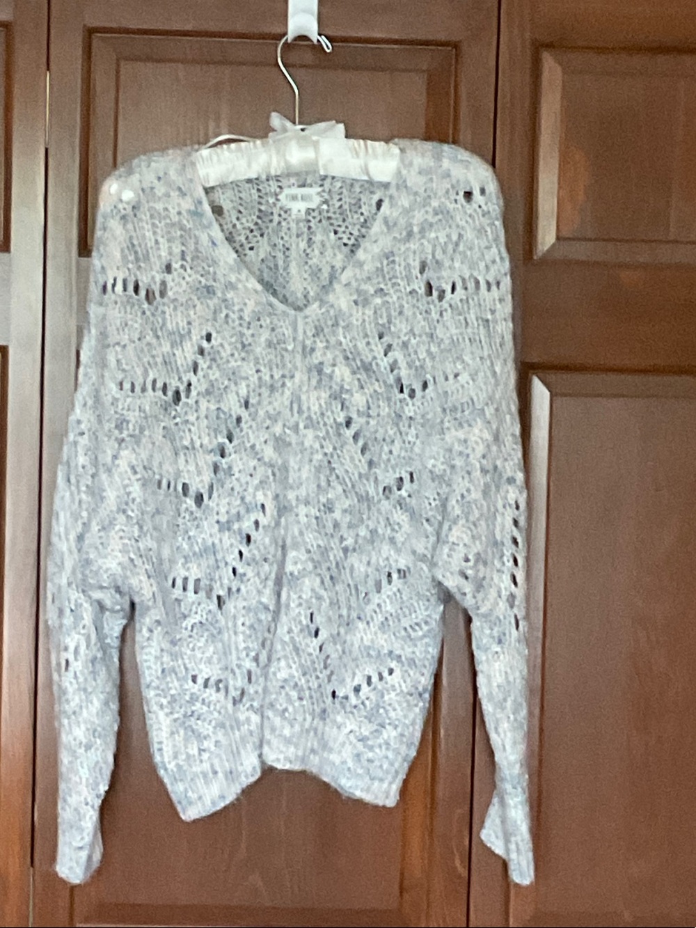 Pink Rose Open-Knit V-Neck Sweater in Light Gray Mix